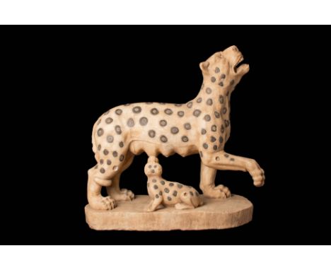 Ca. AD 50 - 250A Roman substantial marble sculpture (+100 kg) depicting a pantheress with her cub, carved on an integral ston