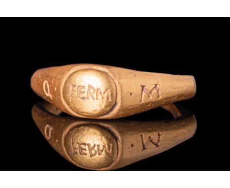 Ca. AD 200 - 300A Roman gold ring composed of a slender, angular hoop with a polygonal section. It has large inscribed should