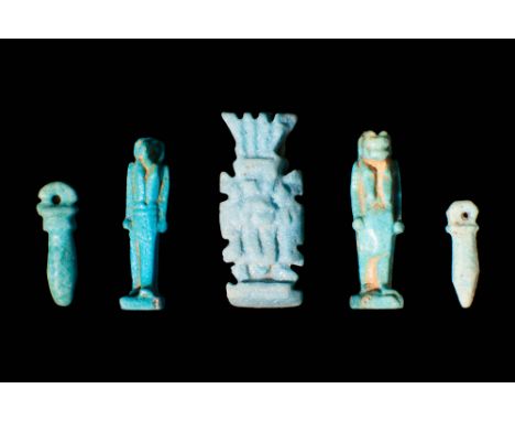 Third Intermediate Period - Late Period, Ca. 1069 - 332 BCAn ensemble of five mould-formed faience amulets covered in lustrou