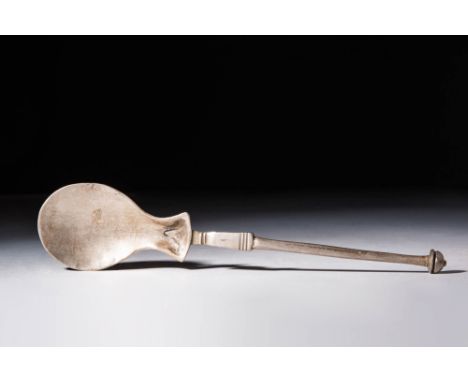 Ca. AD 300 - 400A Roman silver spoon referred to as a cochlearium in Latin. The bowl exhibits a rounded flask-like shape whil