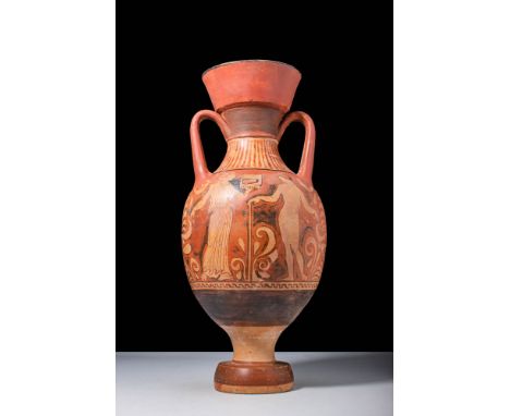 Ca. 350 - 300 BCA superb red-figure pottery amphora with an ovoid body and two vertical handles. The amphora features traditi