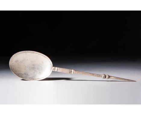 Ca. AD 300 - 400A Roman silver spoon referred to as a cochlearium in Latin. The bowl exhibits a rounded flask-like shape whil