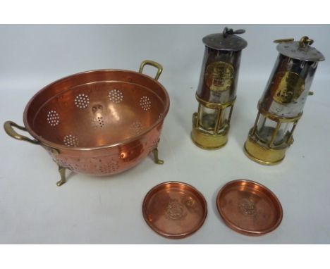 Two Miners lamps by The Protector & Lighting company Co. including two copper coasters and a colander (5) Condition Report Cl