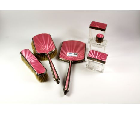 Dressing table set with enamel and silver mounts by Walker and Hall Birmingham 1939 Condition Report Some damage to the ename
