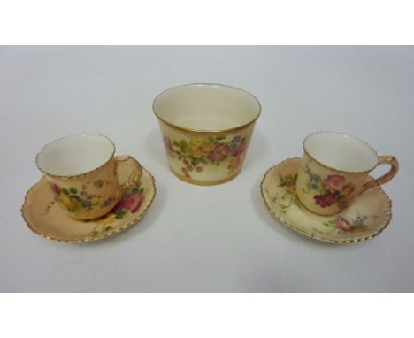 A pair of Royal Worcester blush ivory miniature cup and saucers and a Royal Worcester ivory blush bowl, H 5cm (3) Condition R