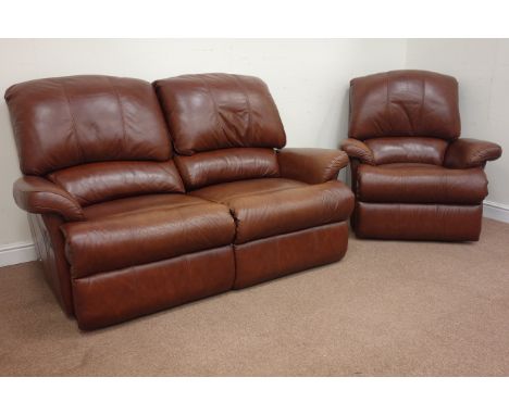 Sherborne two seat manual reclining sofa (W180cm), and matching reclining armchair and stool upholstered in brown leather Con