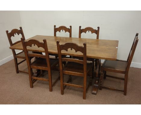 Bevan & Funnell Reprodux oak rectangular refectory dining table, raised on lyre base connected by centre stretcher (), and se