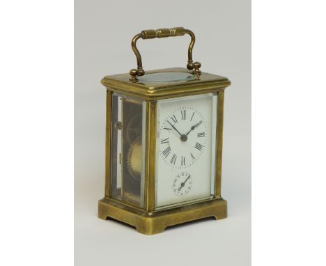 Early 20th century brass and bevelled glass cased carriage clock, movement signed 'R & C made in Paris', H12cm CLOCKS & BAROM