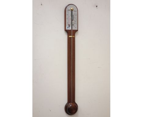 Mahogany open face mercury stick barometer with red spirit thermometer, signed 'Russell Norwich', H91cm CLOCKS & BAROMETERS -