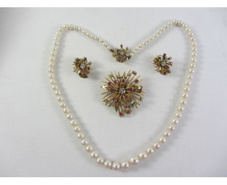 Ruby and diamond brooch, pair of ear-rings and pearl necklace with matching clasp ensuite tested to 18ct (brooch and ear-ring