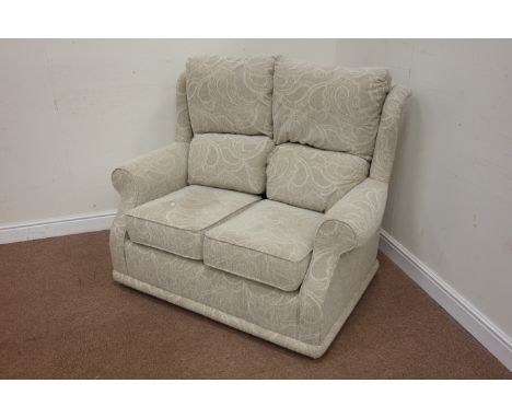 Two seat sofa (W126cm), and matching pair armchairs (W83cm), upholstered in pale grey pattered fabric Condition Report Click 