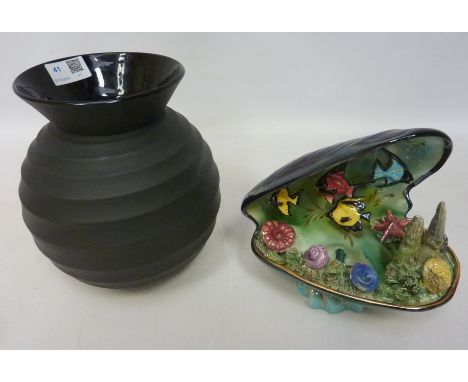 Wedgwood black basalt spiral vase by Nick Munro, H 22cm and  Italian studio ceramic pottery lamp in the shape of a mussel  Co