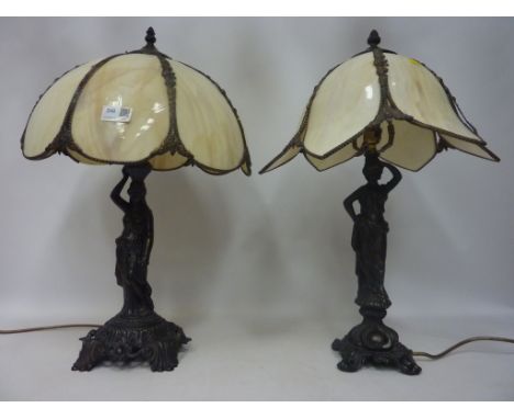 Two cast metal Victorian style table lamps with coloured glass shades (This item is PAT tested - 5 day warranty from date of 