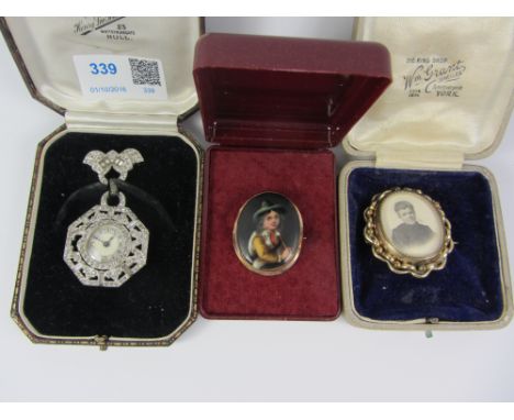 Mid 20th century diamante fob watch, Victorian mourning brooch and a Victorian oval portrait miniature in 9ct surround (3) Co
