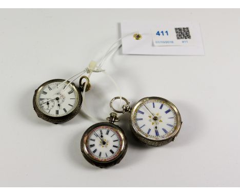 Victorian silver and enamel fob watch signed Stewart Dawson & Co  Birmingham 1886 and two similar Swiss fob watches Condition