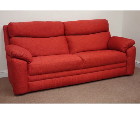 Large four seat sofa upholstered in red fabric, W225cm Condition Report Click here for further images, condition, auction tim