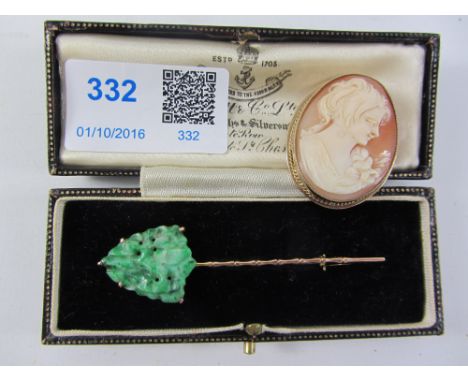 Cameo brooch hallmarked 9ct and a jade brooch tested to 10ct Condition Report Click here for further images, condition, aucti