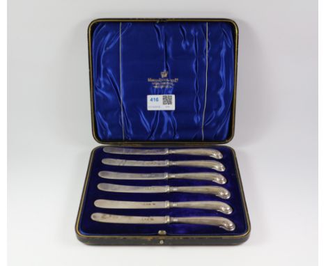 Set of six pistol grip tea knives with hallmarked silver blades and handles by Harrison Bros & Howson Sheffield 1905 retailed