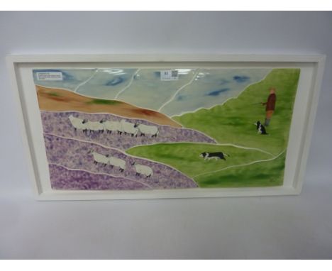 Eskdale studio white framed ceramic hand painted mosaic depicting sheep and collies W57cm  Condition Report Click here for fu