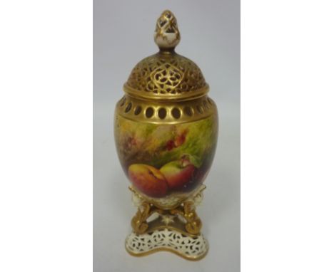 Royal Worcester pomander and cover decorated with apples and cherries signed by William Ricketts, shape no. 773, H 21.5cm  Co