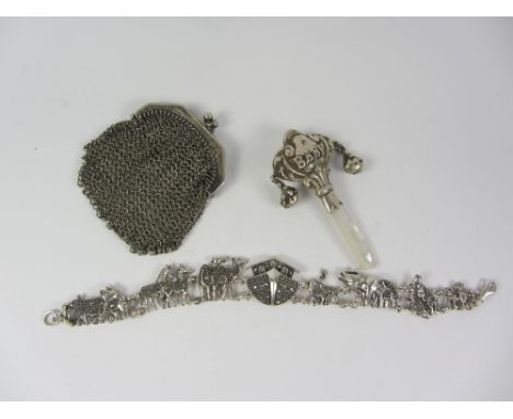 Noah's ark bracelet stamped 925, silver mesh purse import marks and a mother of pearl and silver rattle stamped 925 Condition