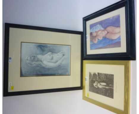 Three quarter length Female Nude study, acrylic on canvas signed by John Emerill, a watercolour by Nina Pickup and another nu