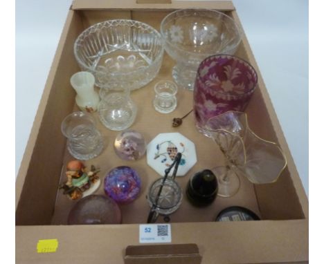 Cut crystal and glassware, Wedgwood and other paperweights, Hummel figure and miscellanea in one box  Condition Report Click 