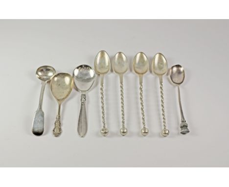 Danish silver caddy spoon by PF Copenhagen 1958, set of four rope twist handle spoons by J A Moller stamped 830 etc Condition