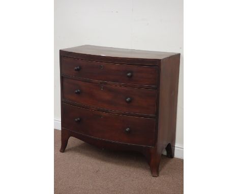 Early 19th century mahogany bow front chest fitted with three graduating drawers, box wood stringing, raised on splayed brack