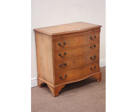 Reproduction yew wood serpentine front chest fitted with four drawers and slide, raised on bracket feet, W77cm, H77cm, D46cm 