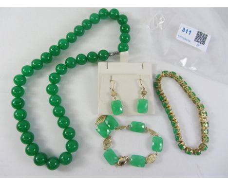 Modern jade bracelet and matching pair ear-rings stamped 14k, hallmarked silver gilt jade bracelet and a jade bead necklace C