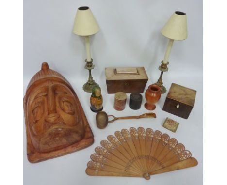 Pair of brass candlesticks with shades, two 19th century tea caddies, carved toddy ladle and a carved African mask   Conditio
