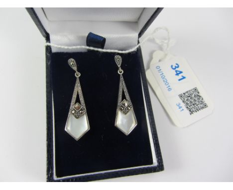 Pair of mother of pearl and marcasite pendant ear-rings stamped 925 Condition Report Click here for further images, condition