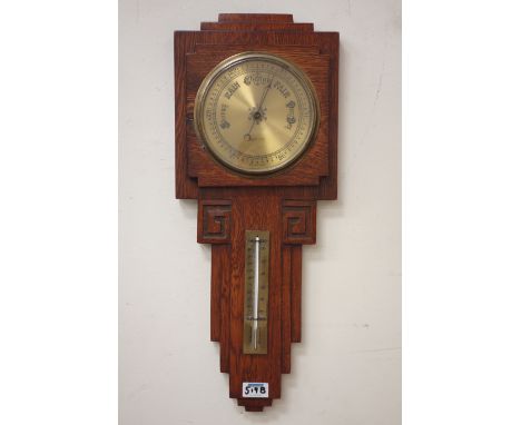 Art Deco period oak aneroid barometer, with mercury thermometer, H59cm CLOCKS & BAROMETERS - as we are not a retailer, these 