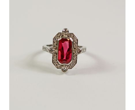 Ruby and diamond cluster white gold ring in the Art Deco style - ruby approx 2.5 carat - tested to 18ct Condition Report Clic