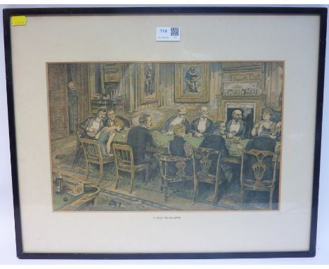 "A Quiet Round Game - The Tranby Croft Scandal", Edwardian colour print with names and newspaper cuttings verso 25cm x 39cm a