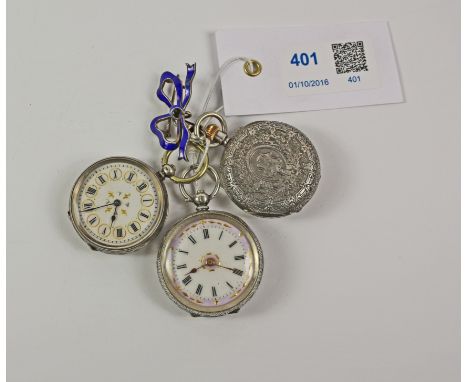 Silver and enamel crown wound fob watch inscribed Dressler 153 Commercial Rd Landport by Fritz Allamand London 1885 and two S