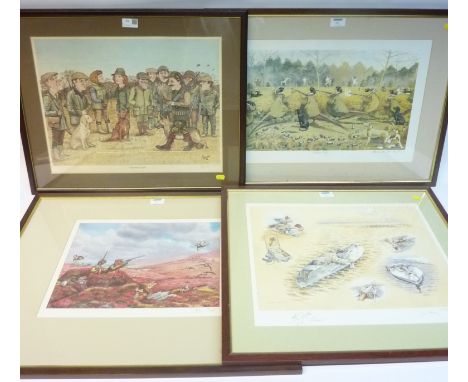 "The New Gun", Bryn Harry cartoon colour print signed in pencil and 3 similar shooting cartoons all signed in pencil 38 x 48c