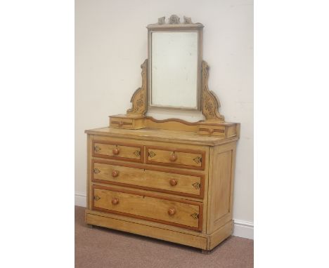 19th century painted pine dressing chest with raised mirror back fitted with two trinket drawers, W104cm, H162cm, D44cm Condi