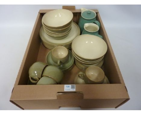 Denby stoneware part tea set, six dinner plates, eight bowls and a Denby stoneware tea pot and milk jug in one box  Condition