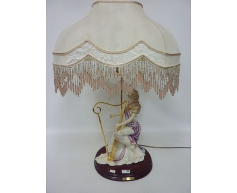 Italian figural lamp of a young woman playing the harp, with beaded shade, H 74cm including shade  (This item is PAT tested -