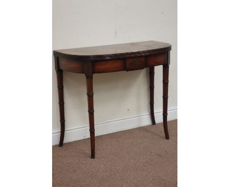 George III mahogany bow front card table, foldover top, raised on turned simulated bamboo gateleg table, W86cm, H73cm, D43cm 