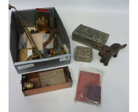 Victorian novelty nut cracker in the shape of a dog, patent No. 273480, including two white metal Japanese boxes and various 