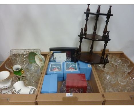 Royal Doulton crystal bowl, Minton bowl, Wedgwood and Waterford baubles, small mahogany three tier shelf, other ceramics, cry