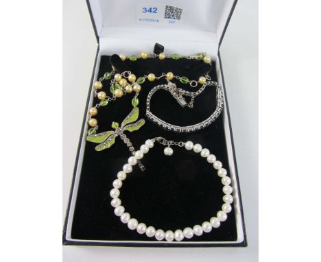 Dragonfly plique a jour necklace, pearl bracelet both stamped 925 and a blue stone set bracelet Condition Report Click here f