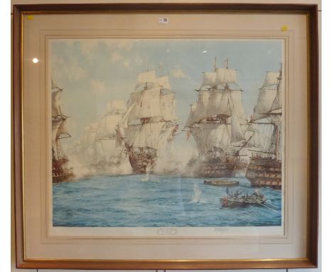 "The Battle of Trafalgar", Montague Dawson limited edition colour print. Pub. Venture Prints 1972 with blind stamp. Signed in