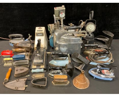 Industrial Metalwork - a blue enamel gas powered laundry iron on stand, 'CLARK'S FAIRY PRINCE, NO374, G.B. REG NO 781179, 793