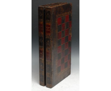 A 19th century tooled and gilt leather games box, as a pair of stacked books, History of Canada Vol 1 &amp; 2, the folding ch