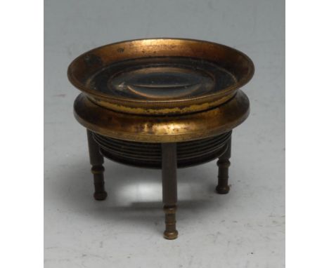 Cartography - a 19th century lacquered brass tripod map reading lens, 4.5cm diam 