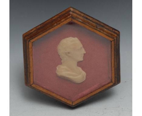 A 19th century wax portrait bust, after James Tassie, inscribed Robert Adam, Architect, Died 4 March 1792 in his 64th Year, h